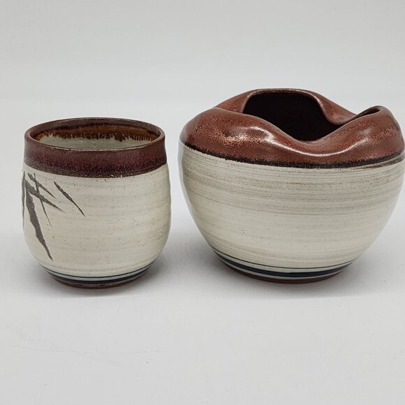 Hand Carved Bowl & Cup Signed Japanese Takahashi Handcrafted Ceramic Bamboo - Picture 3 of 9